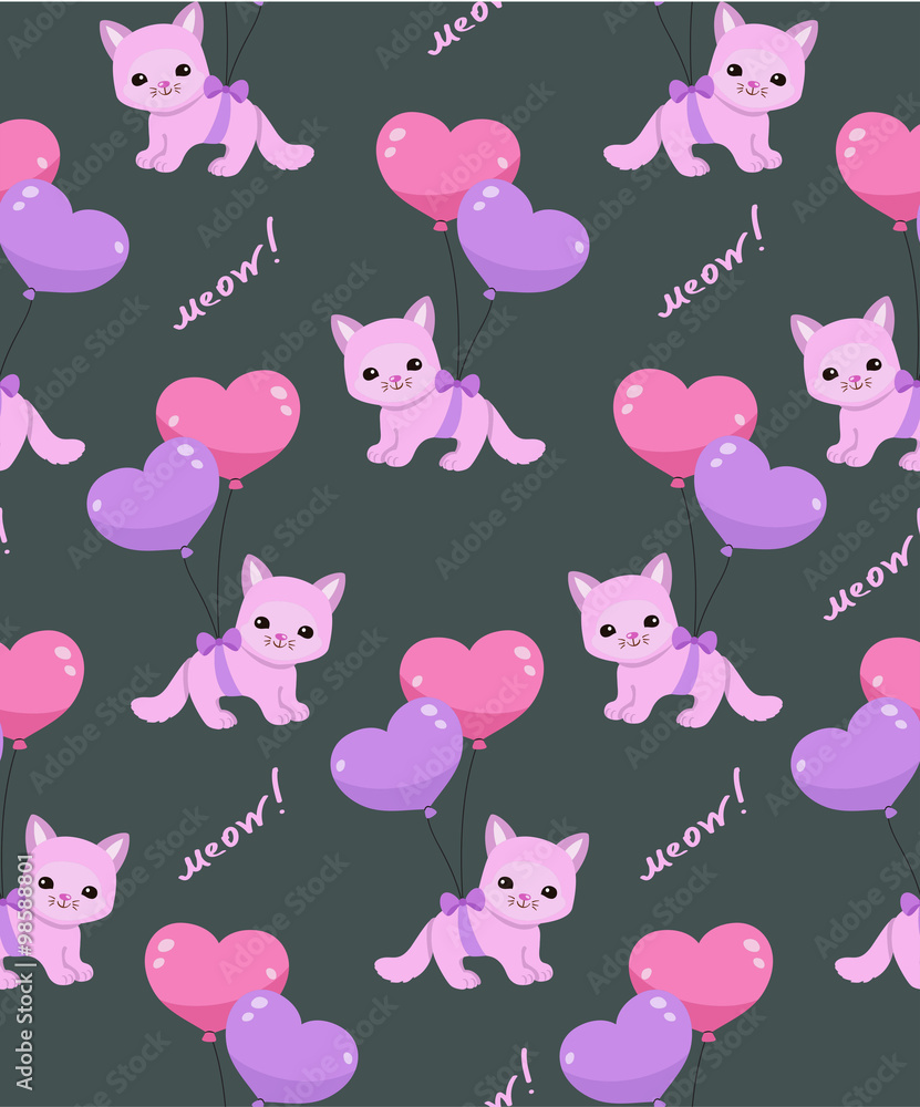 Seamless pattern with kittens,text and balloons.