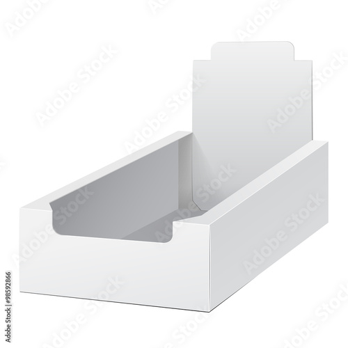 White Holder Box POS POI Cardboard Blank Empty Displays Products On White Background Isolated. Ready For Your Design. Product Packing. Vector EPS10 