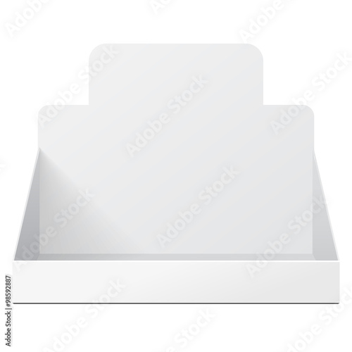 White Holder Box POS POI Cardboard Blank Empty Displays Products On White Background Isolated. Ready For Your Design. Product Packing. Vector EPS10 