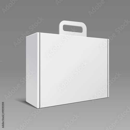 Carton Or Plastic White Blank Package Box With Handle. Briefcase, Case, Folder, Portfolio Case. Ready For Your Design. Product Packing Vector EPS10