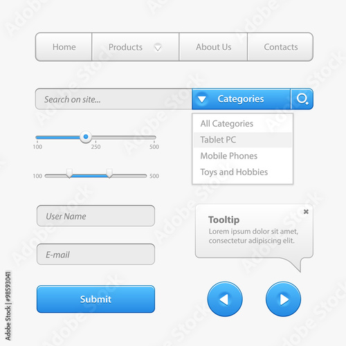 Blue Light User Interface Controls. Web Elements. Website, Software UI: Buttons, Switchers, Drop-down, Navigation Bar, Menu, Check Box, Radio, Scroller, Progress Bar, Volume, Tag, Player, Play