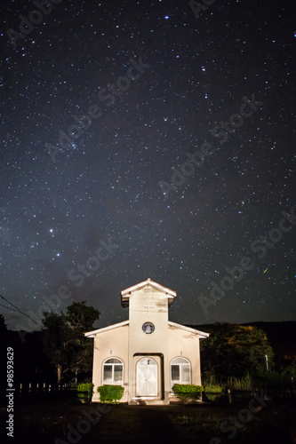 Stellar tracks on a moonlit night above church of Bom Jardim - N