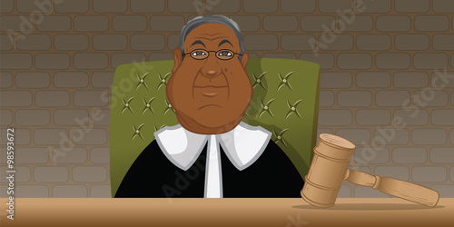 Cartoon illustration of a black judge in a courtroom
