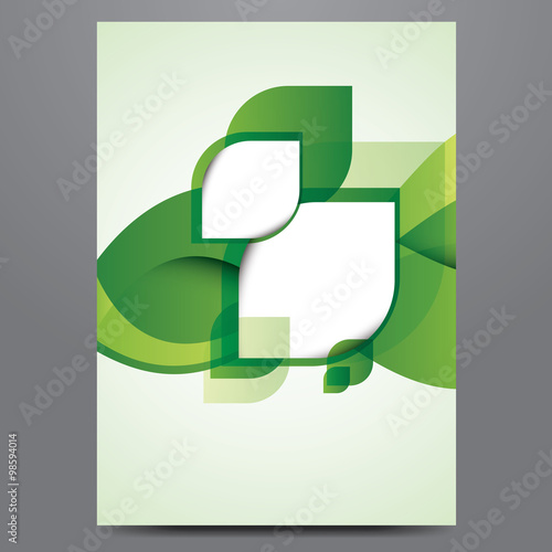 Vector business flyer, poster, brochure, magazine cover template. Modern green leaf, environment design.