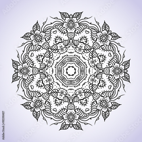 Circular black and white floral ornament Indian Hand drawn henna mehndi tattoo vector etnnik decor meditation on an isolated background