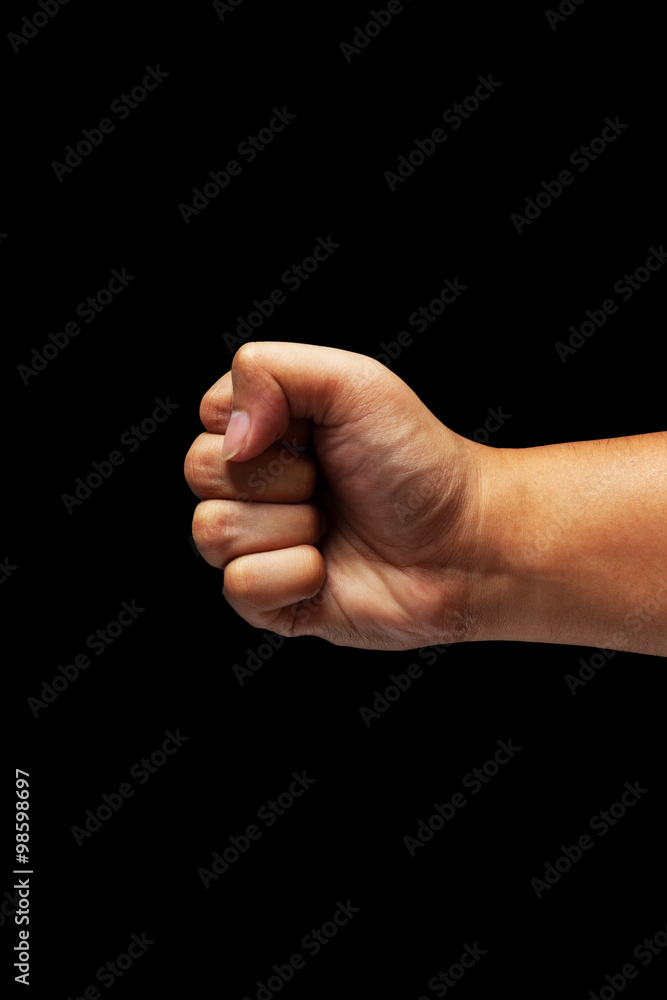 Closeup of human male hand - raised up clenched fist, on white background Closeup of human male hand - raised up clenched fist, on white background