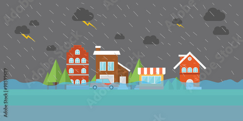 city flood flooding water in street building store house