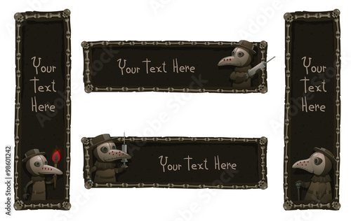 Vector set of rectangular dark banners of bones with plague doctors in gray coats, hats and plague masks with different attributes in their hands on a light background.