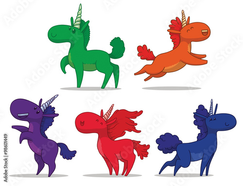 Vector Set of cute unicorns. Cartoon image of five cute unicorns green  orange  purple  pink and blue colors in various poses on a light background.