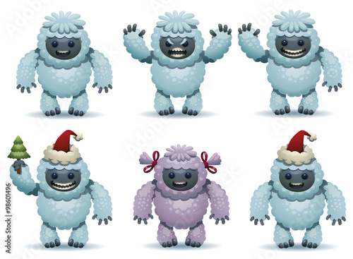 Vector Set of Cute Yetis. Cartoon image of six light blue Yetis in various poses on a light background.