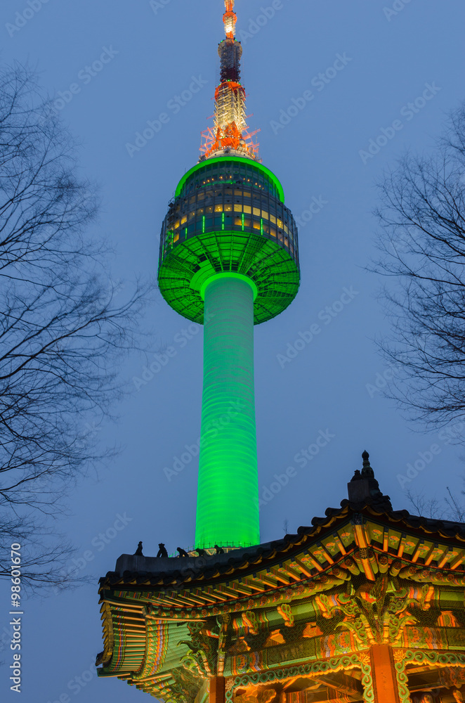 Naklejka premium Namsan Tower at Night in Seoul,South Korea.