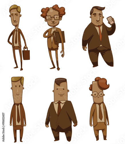 Vector Set of funny different businessmen. Cartoon image of six different funny businessmen in a brown suits on a light background.
