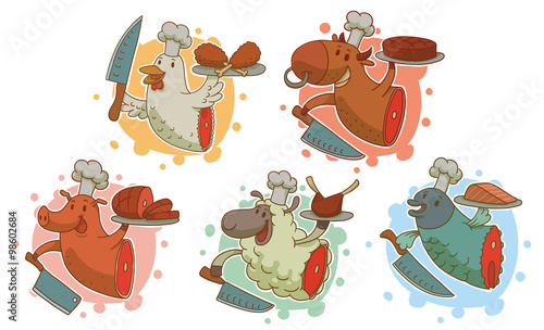 Vector cartoon illustration for cooking: animals with knives with dishes prepared with themselves as the chicken, cow, pig, sheep and fish on a light background.