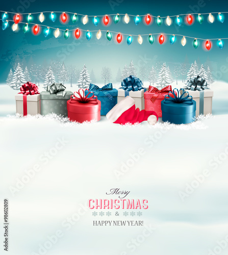 Holiday Christmas background with gift boxes and garland. Vector