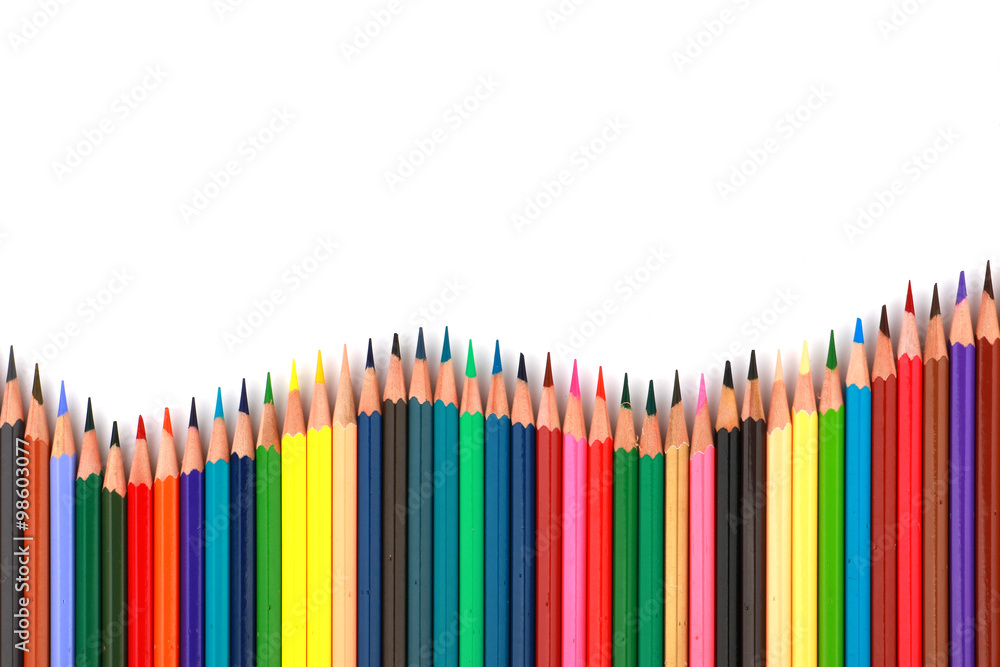 Mixed arranged of colours wooden pencils on white background Mixed arranged of colours wooden pencils on white background