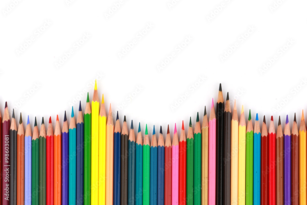 Mixed arranged of colours wooden pencils on white background Mixed arranged of colours wooden pencils on white background