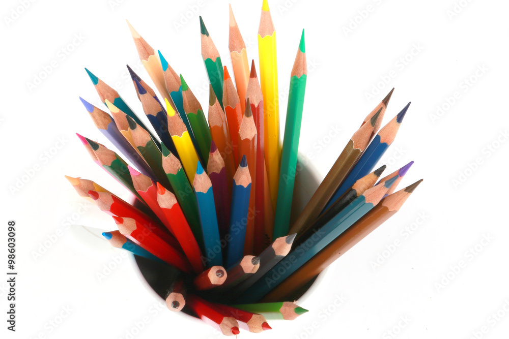 Mixed arranged of colours wooden pencils on white background Mixed arranged of colours wooden pencils on white background