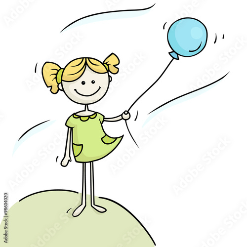 ute girl holding blue balloon takes the wind. Vector illustration of cartoon happy kid.