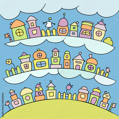 Colored kids town with clouds and cute elements. Cartoon houses in a row. Hand drawn vector.
