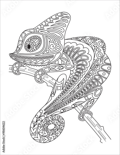 Monochrome chameleon coloring page black over white.