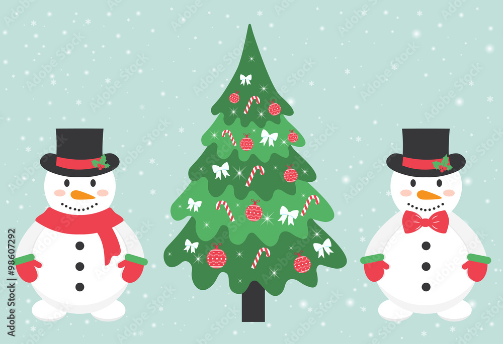 snowman with a scarf and tie and fir-tree