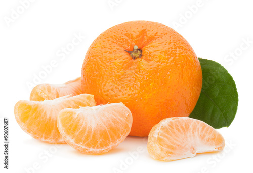Open tangerine fruit on white