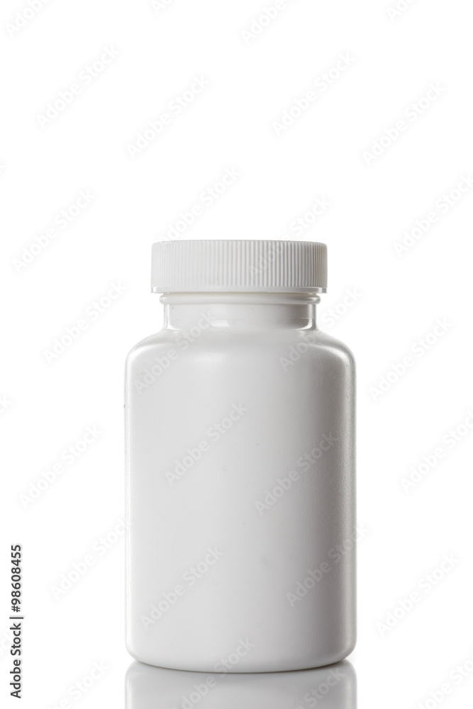 white plastic bottle of supplements on white background white plastic bottle of supplements on white background