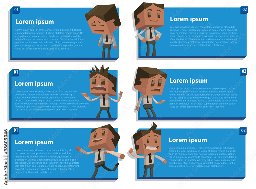 Vector Set of six blue banners with cube business people. Six blue rectangular banners with cartoon image of cube business people with different actions and emotions on a light background. Vector Set of six blue banners with cube business people. Six blue rectangular banners with cartoon image of cube business people with different actions and emotions on a light background.