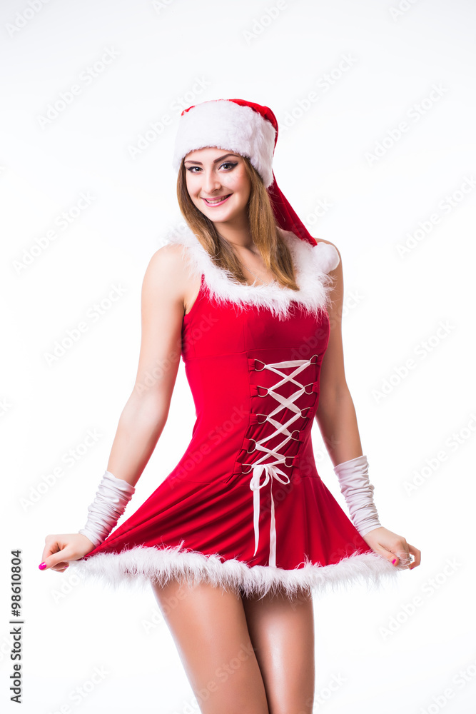 Beautiful happy woman in Santa Claus clothes Beautiful happy woman in Santa Claus clothes