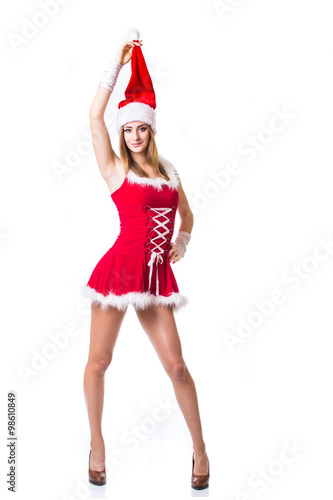 Beautiful happy woman in Santa Claus clothes