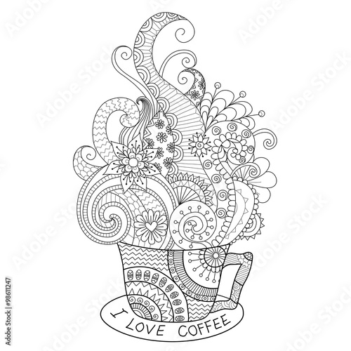 A cup of hot coffee zentangle design for coloring book for adult