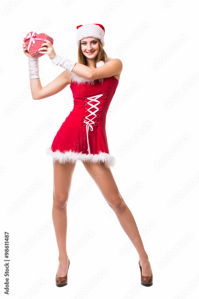Beautiful happy woman in Santa Claus clothes