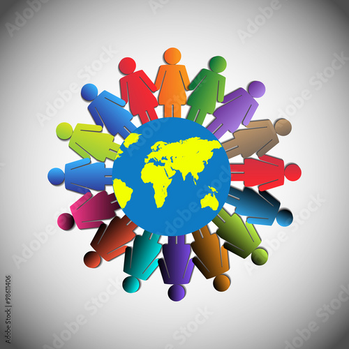 Vector Illustration of Women Holding hand Together around the world, Concept of Teamwork, Unity, Strength Leadership and Courage, women empowerment and Community