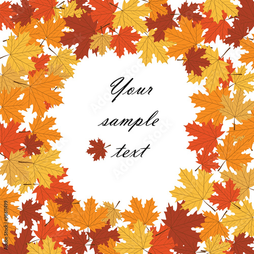 Autumn background with maple leaves text in center. Vector