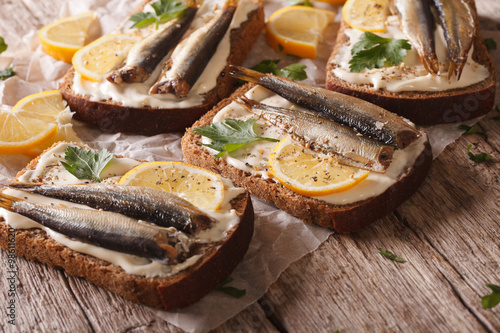 fish sandwiches with cream cheese and lemon close-up. horizontal 