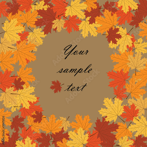 Autumn background with maple leaves text in center. Vector