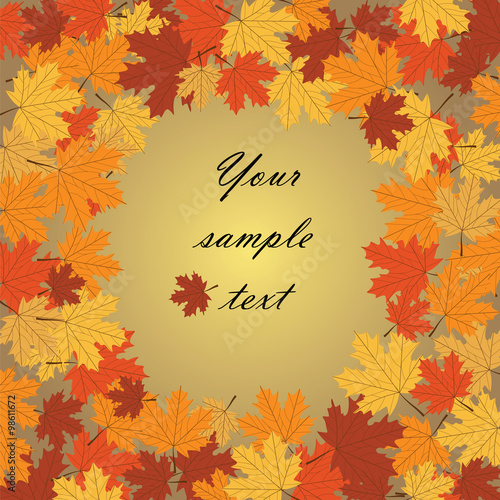 Autumn background with maple leaves text in center. Vector