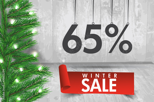 Winter sale 65 percent. Winter sale background with red ribbon b