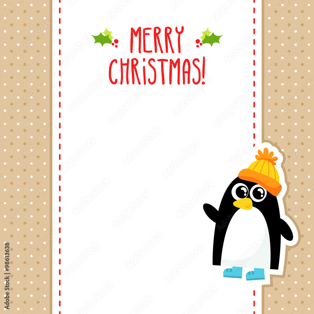 Naklejka premium Funny penguin vector Christmas greeting card design template