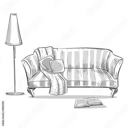 hand drawn interior element. Comfortable sofa and a lamp