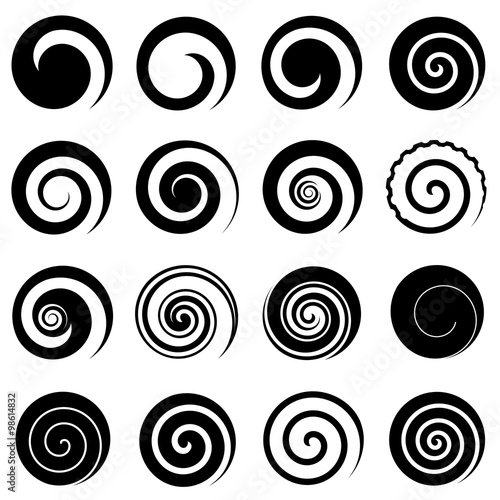 Set of simple spirals, isolated vector graphic elements