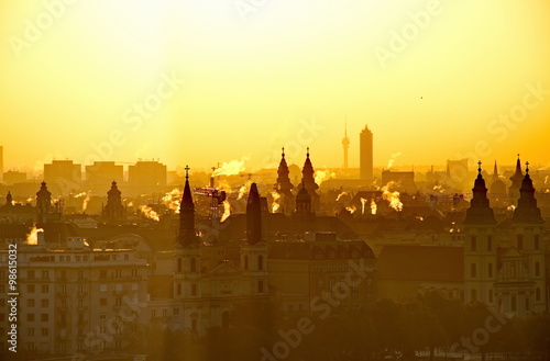 Rising sun over the city of Budapest