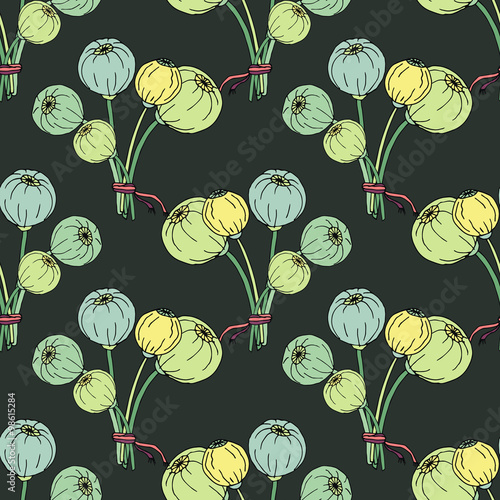 Seamless pattern with poppy flower heads, seeds. Hand drawn vector illustration 
