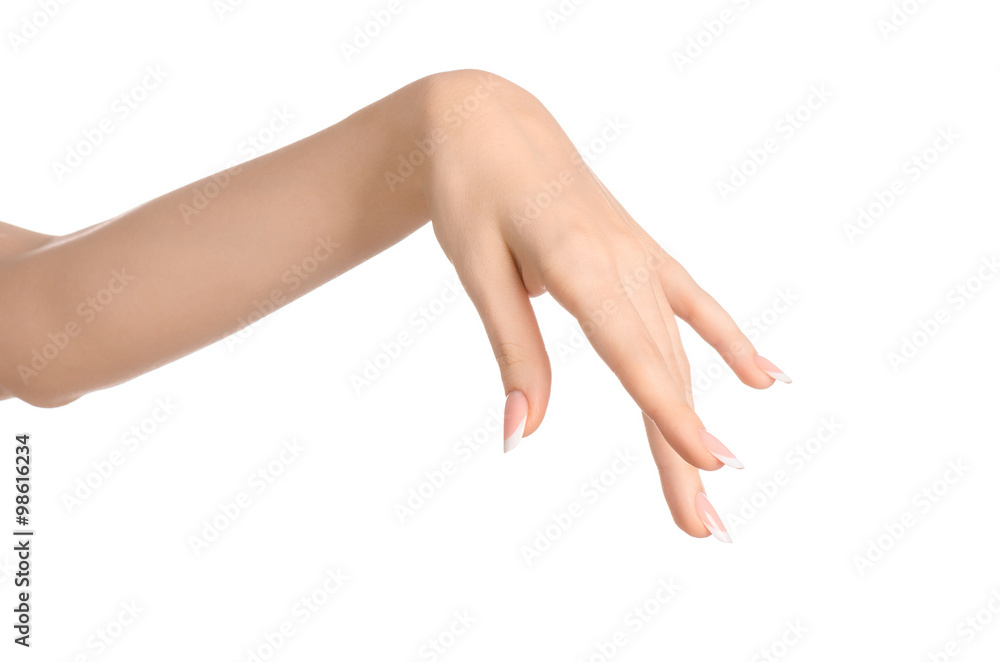 Beauty and Health theme: beautiful elegant female hand show gesture on an isolated white background in studio Beauty and Health theme: beautiful elegant female hand show gesture on an isolated white background in studio