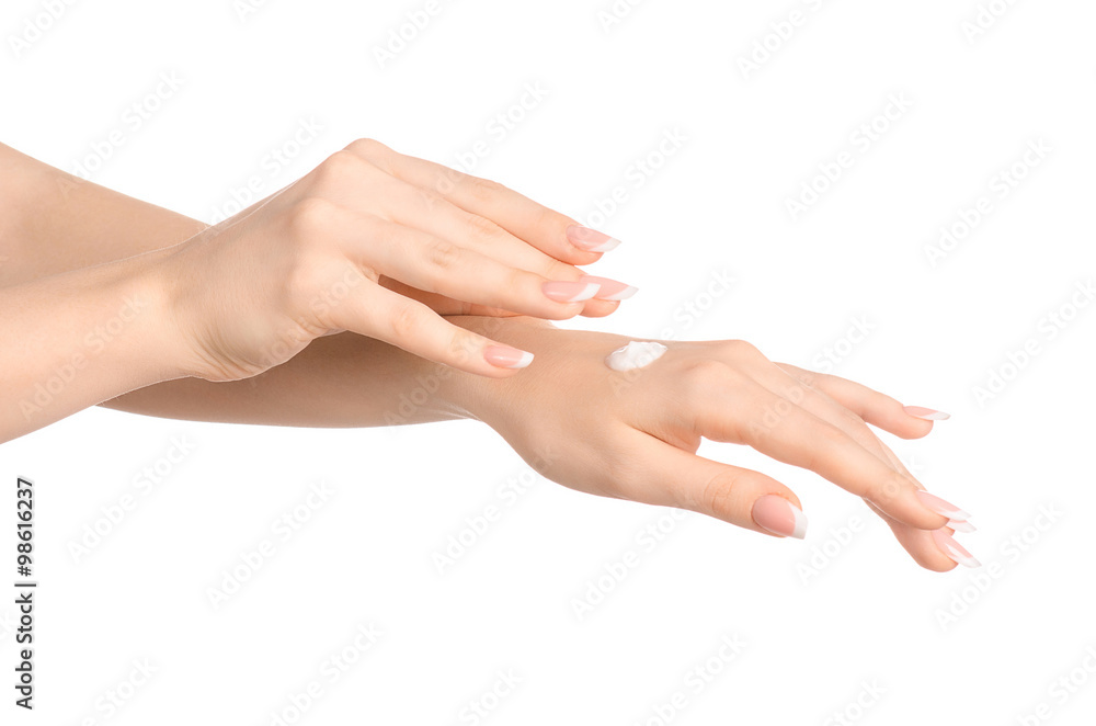 Health and body care theme: beautiful female hand with white cream isolated on a white background, hand massage Health and body care theme: beautiful female hand with white cream isolated on a white background, hand massage