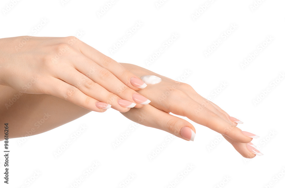 Health and body care theme: beautiful female hand with white cream isolated on a white background, hand massage Health and body care theme: beautiful female hand with white cream isolated on a white background, hand massage