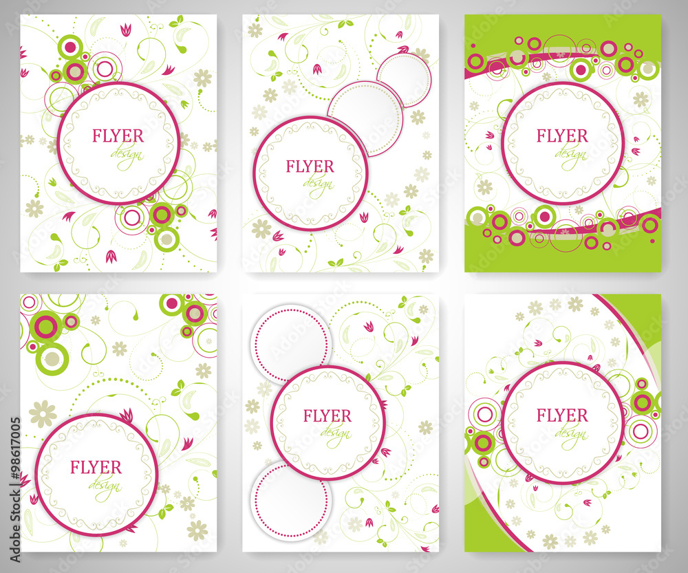 Set of business flyer template or corporate banner with floral pattern and round text box.