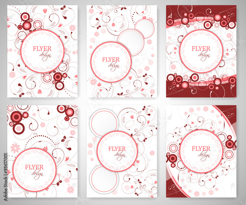 Set of business flyer template or corporate banner with floral pattern and round text box.