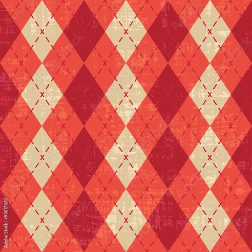 Scratched red and orange argyle pattern inspired vector backrgound