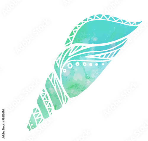 Illustration with doodle sea shells and watercolor background